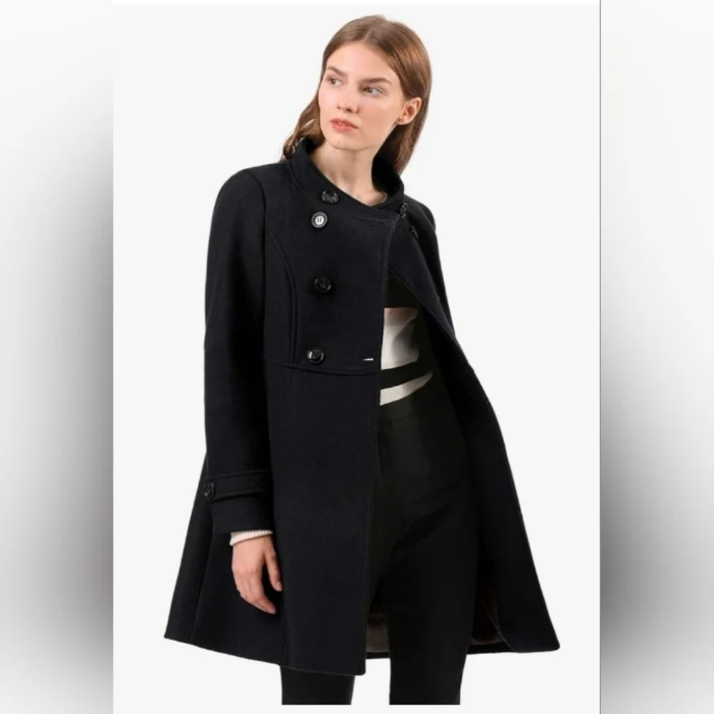 Allegra K Women's Stand Collar Double Breasted Slant Pockets Trendy Outwear Wint